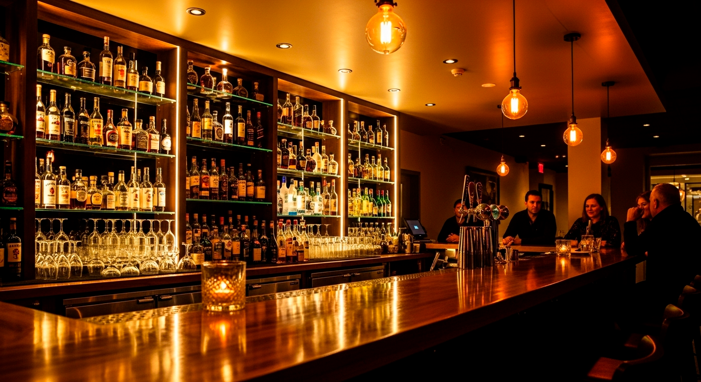 Balcão de bar moderno com máquina de gelo profissional Água Pura servindo drink gelado