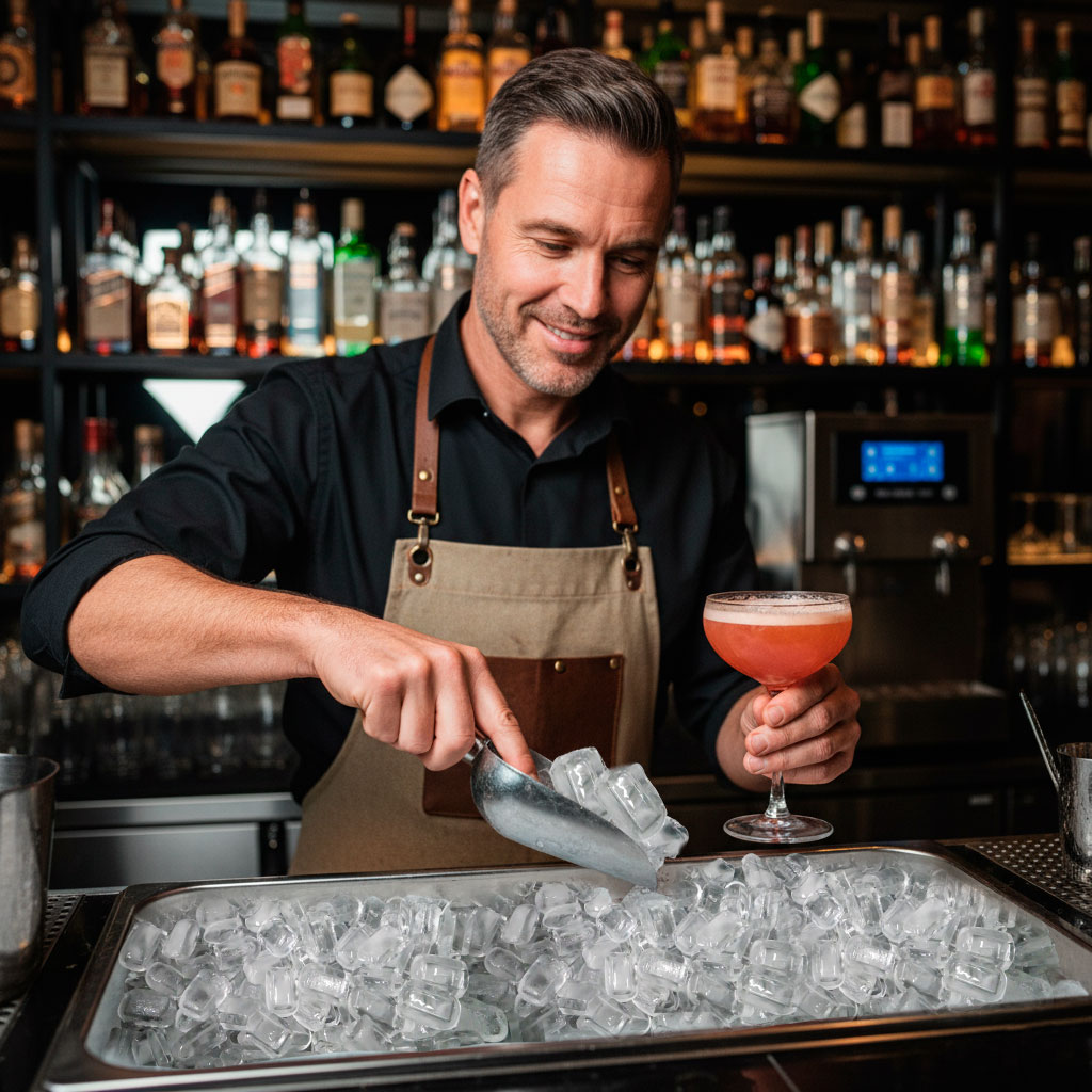 Máquina de Gelo Industrial Premium da Água Pura em aço inox, produzindo cubos de gelo cristalinos.
